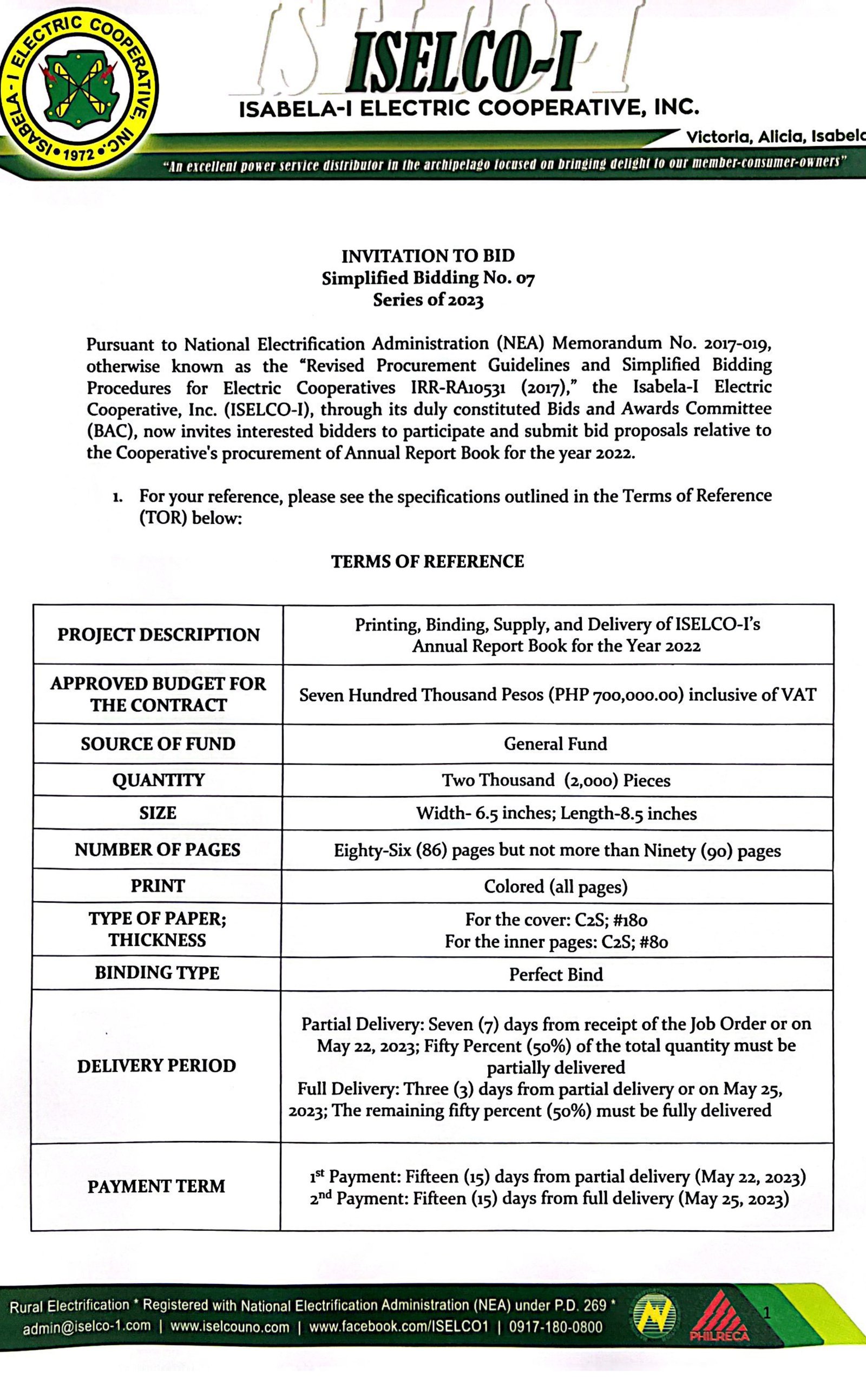 Simplified Bidding No. 07 Series of 2023 - Procurement of Annual Report Book for the Year 2022